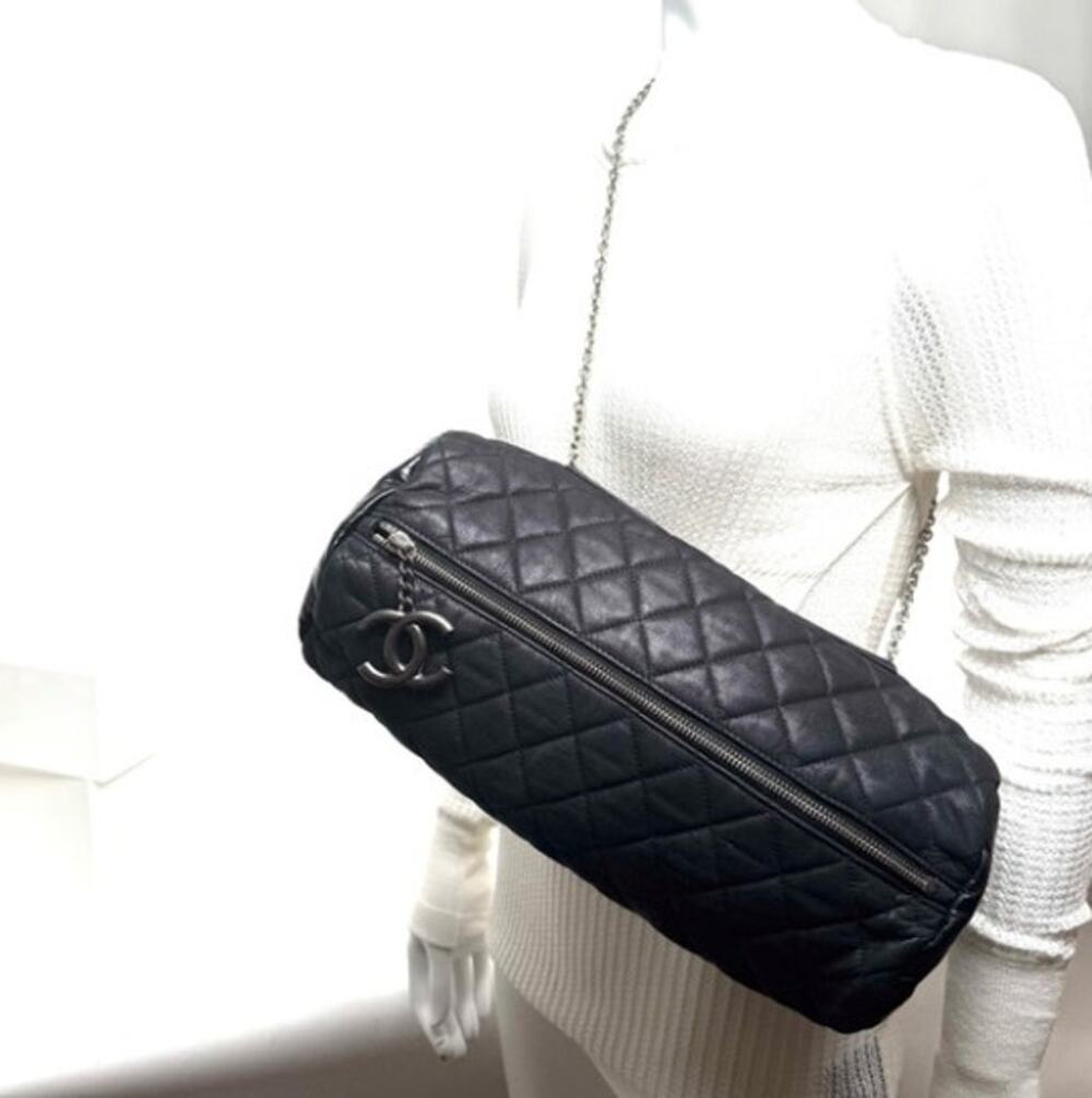 Chanel Black 3-way Leather & Patent Bag w/ Huge CC Charm /Runway Barrel Bag